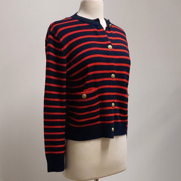 ZARA, Red & Navy Striped, Cable Knit, Gold Button, L/S, Cardigan, Size: S - Picture 3 of 8
